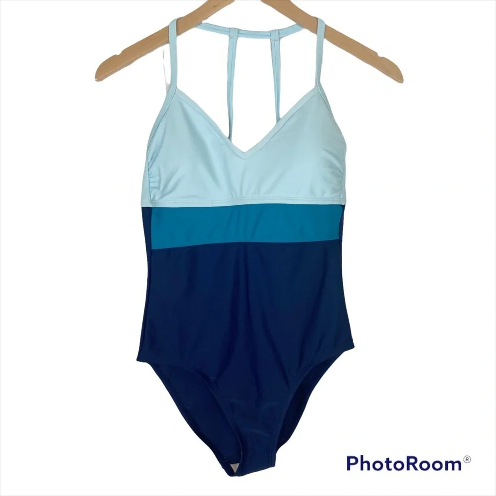 KONA SOL Blue Colorblock Open Back One Piece Swimsuit NWT Small
